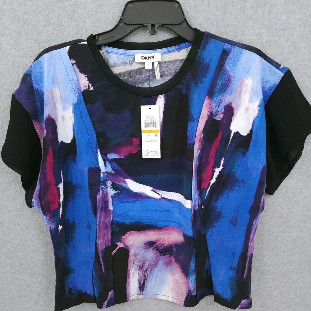 DKNY Printed Chiffon Sleeve Pullover Blue Brush Stroke Blouse Womens Size S NWT